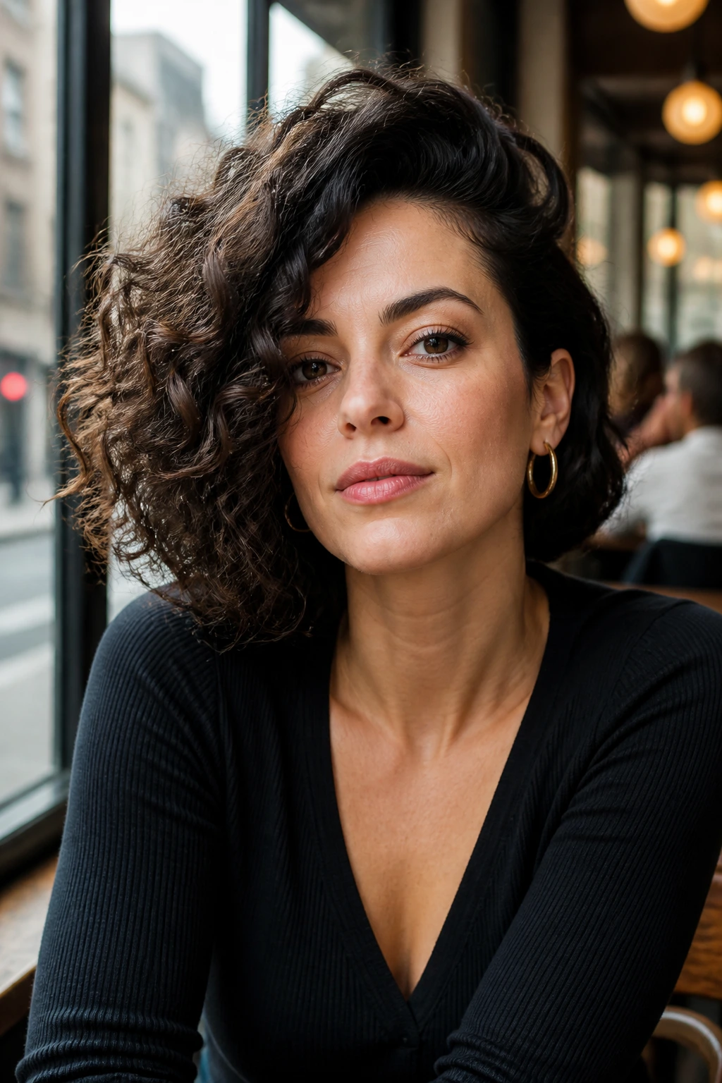 Real woman with one-sided voluminous curly bob and deep side part