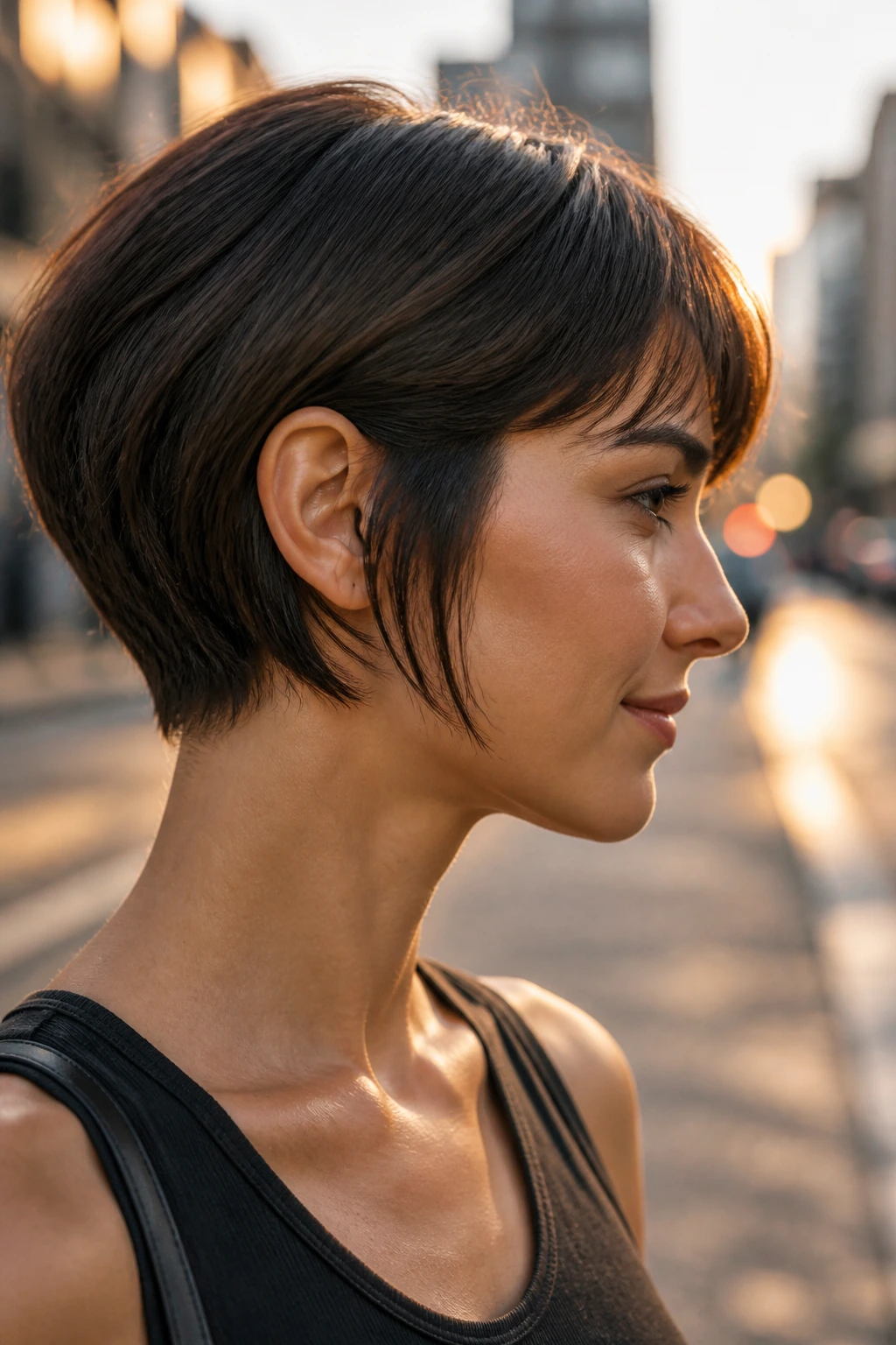 Side-profile portrait showing sideburn blend bang along the jaw