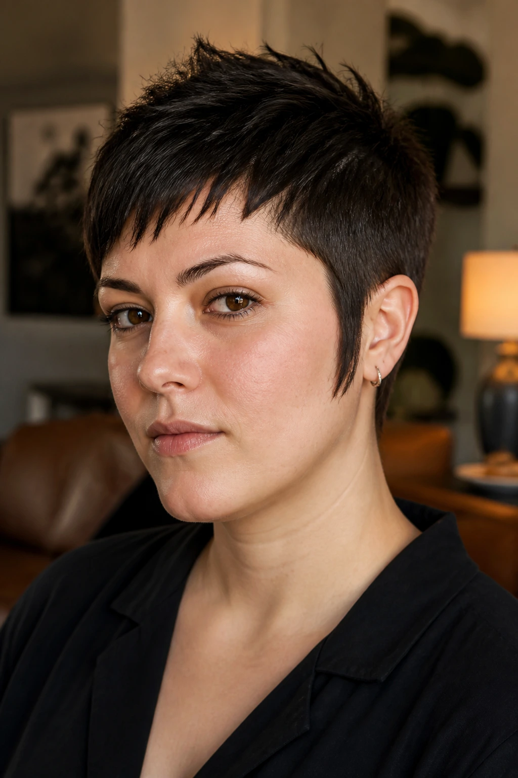 Real person with sideburn-forward pixie hairstyle highlighting vertical lines