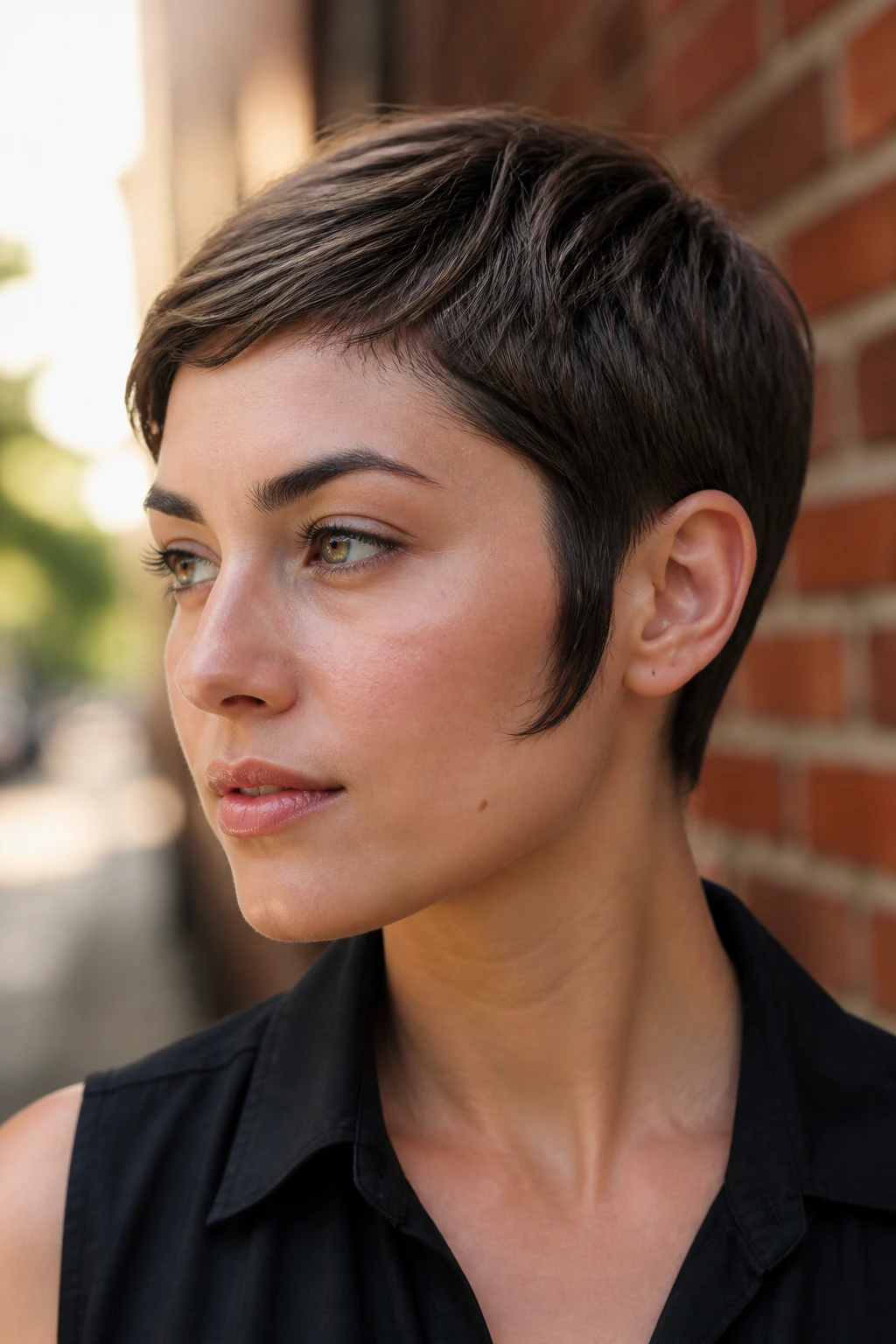 Close-up of a real woman with sideburn statement pixie against brick wall.