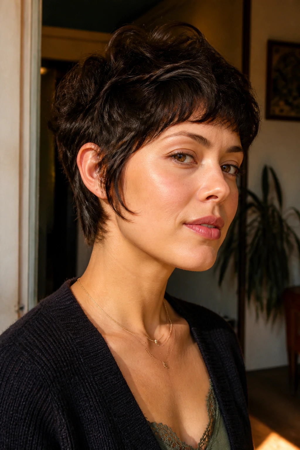 Close-up of a real woman with prominent tapered sideburns in a sideburn-heavy pixie