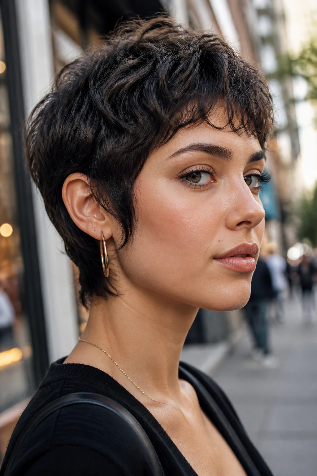 Portrait of real person with sideburn-focused pixie in urban street setting
