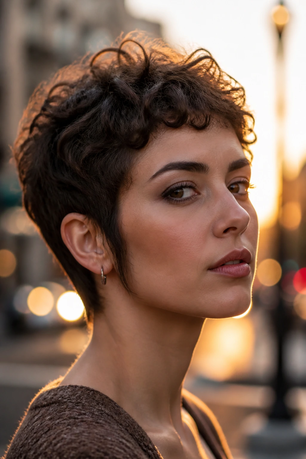 Real woman with Sideburn-Framed Pixie, cheekbone framing, urban golden hour backdrop