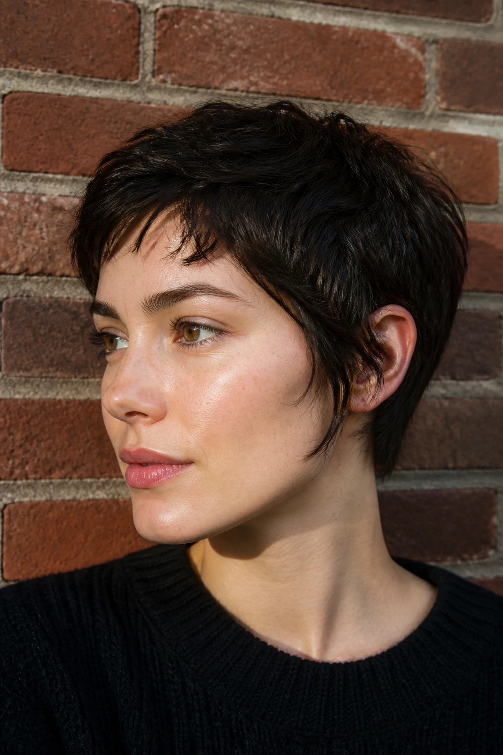Real woman with sideburn-framed pixie against brick wall in daylight