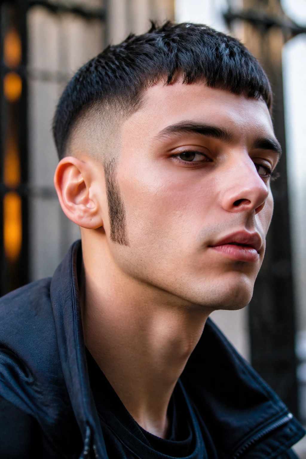 Close-up portrait of a man with a sideburn undercut highlighting the cheek and jaw.
