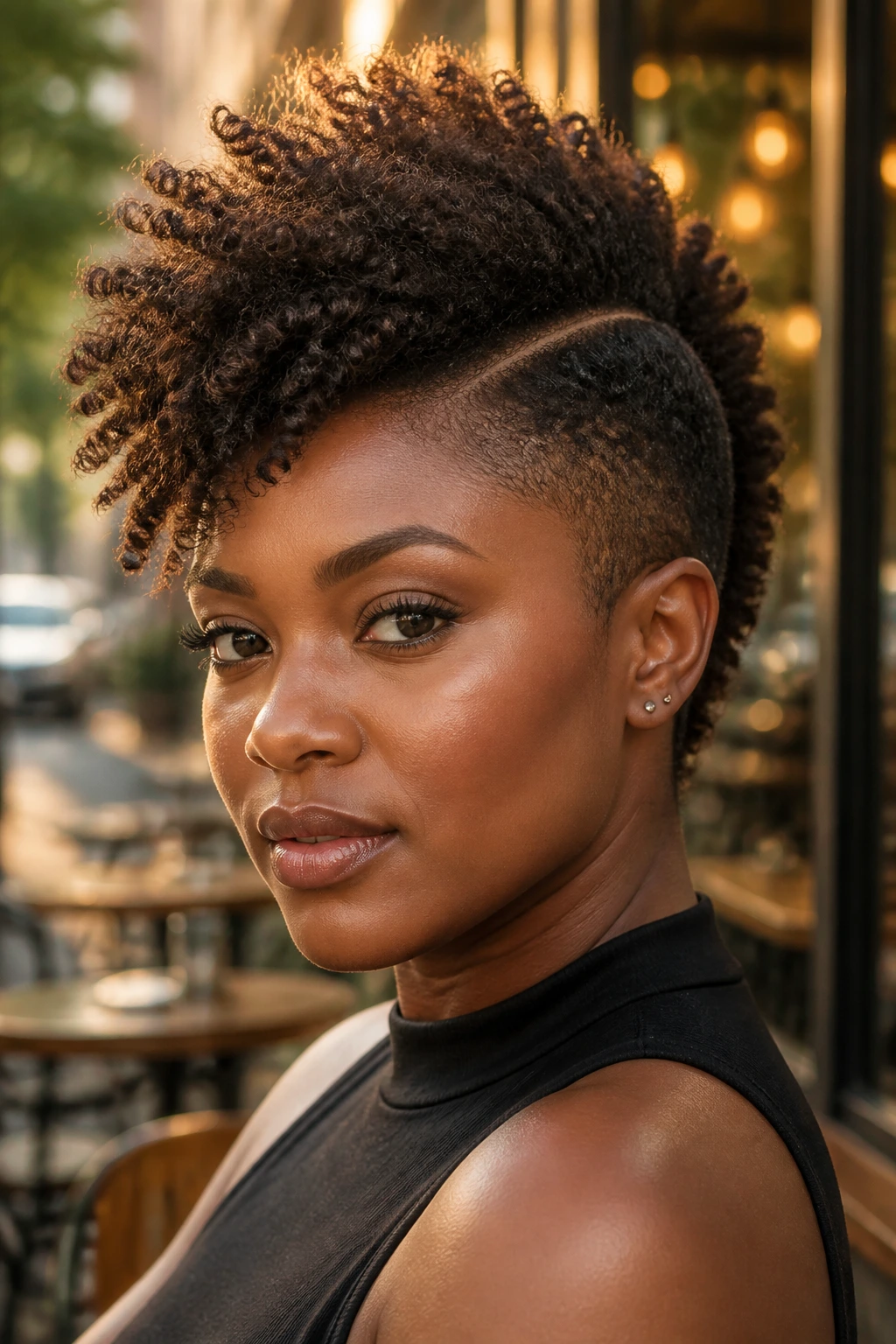 Close-up portrait of a real Black woman with a side-part frohawk in golden hour light