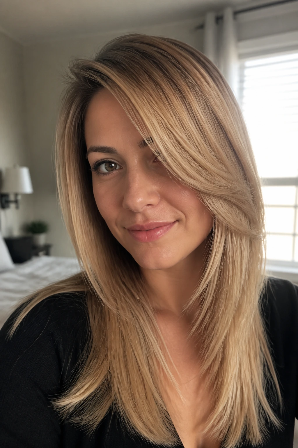 Close-up portrait of a real woman with a deep side-part and sweeping straight-hair layers.