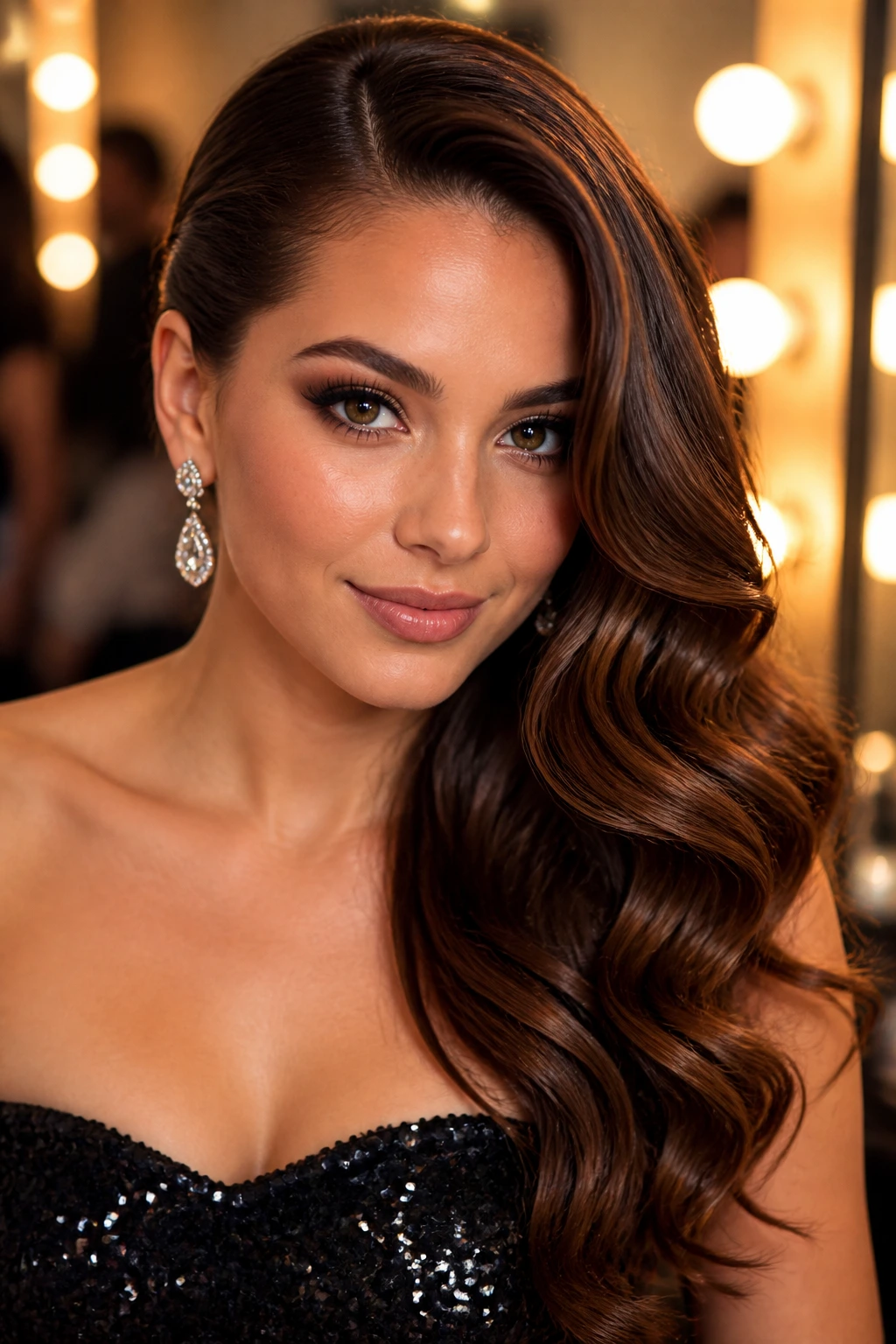 Close-up of a real woman with deep side part and glam waves swept to one side.