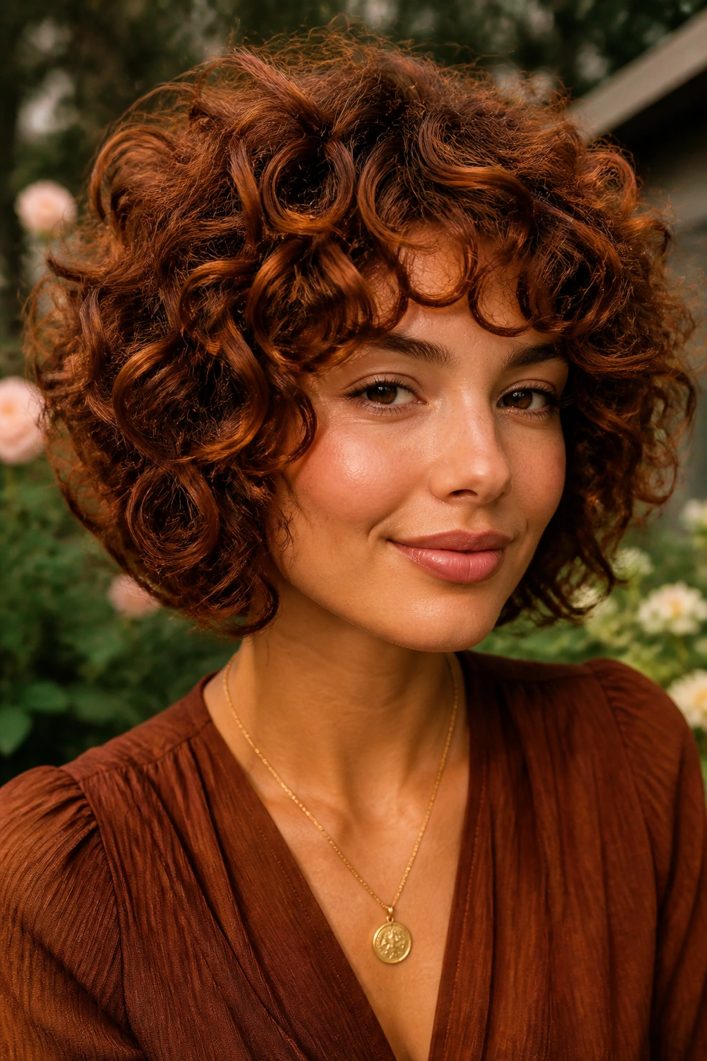 Close-up portrait of a real woman with sienna brown curly bob