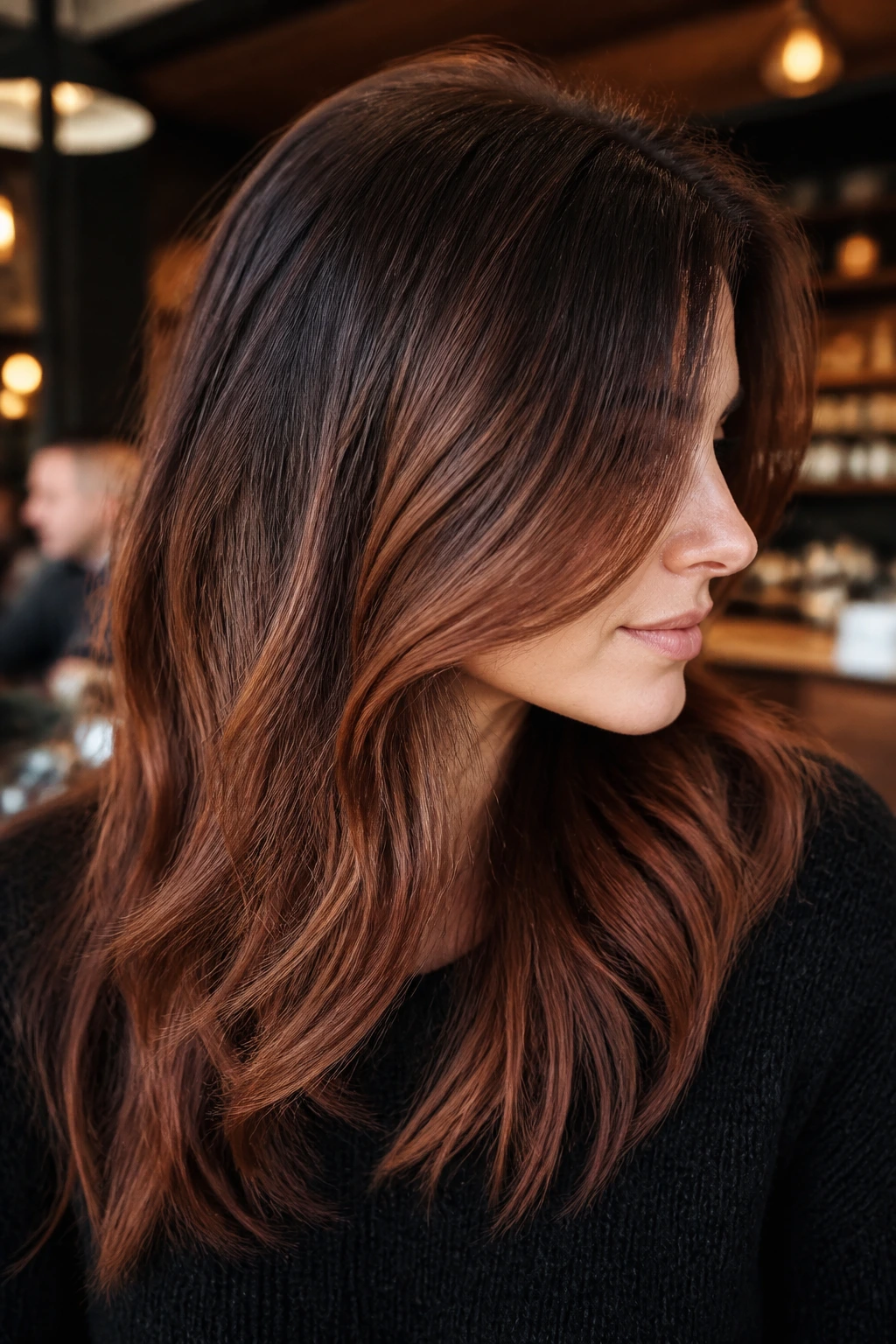 Portrait with sienna shadow balayage highlighting layered hair