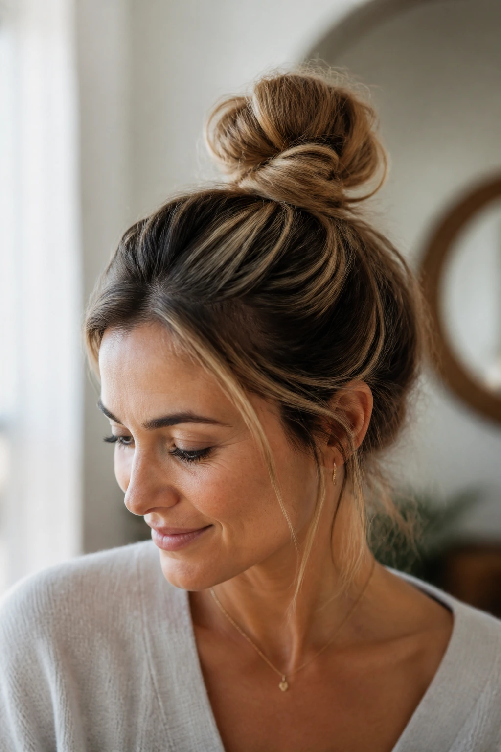 Close-up portrait of a real woman with a relaxed, signature top knot.