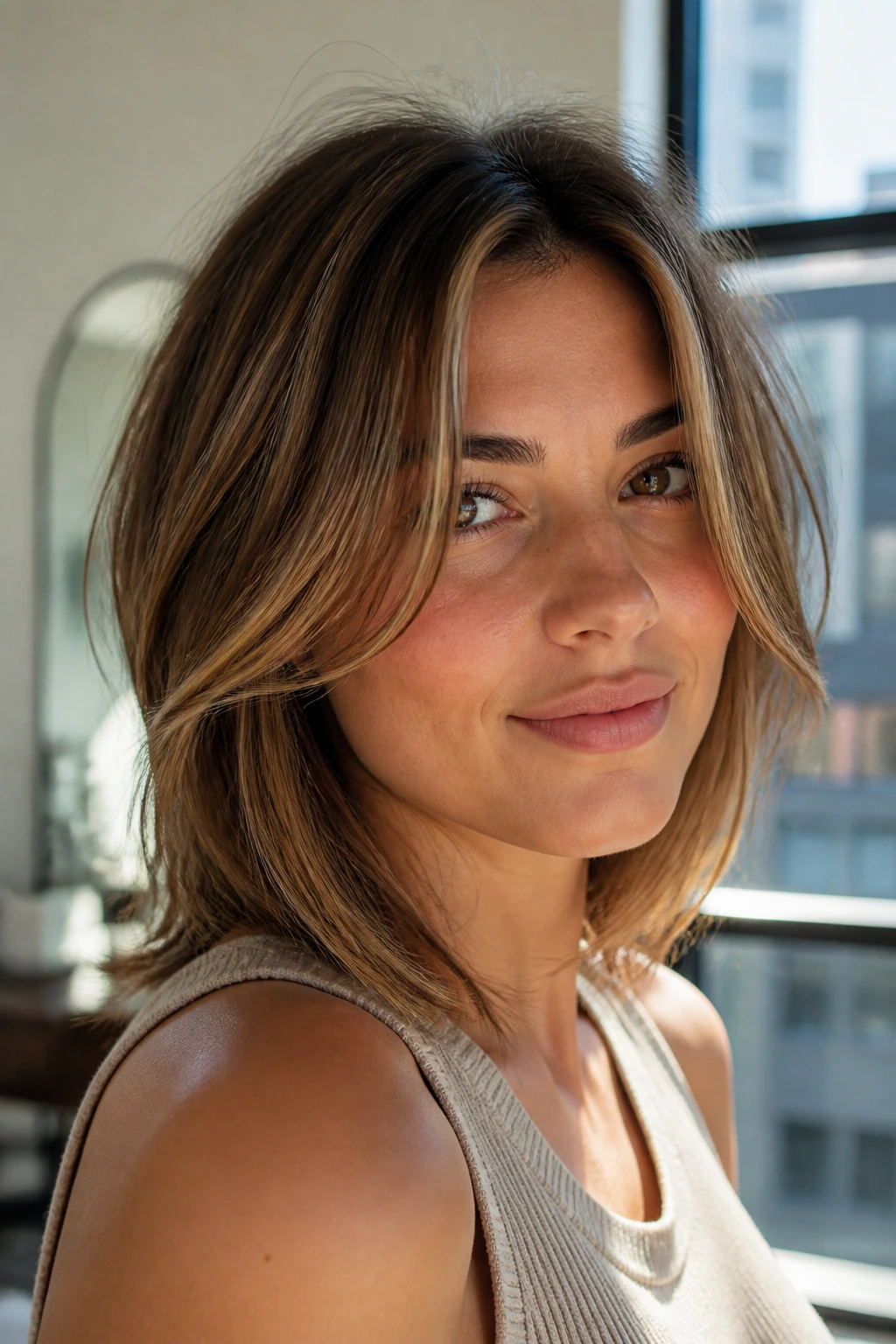 Portrait highlighting the front pieces of a haircut that changes the silhouette.