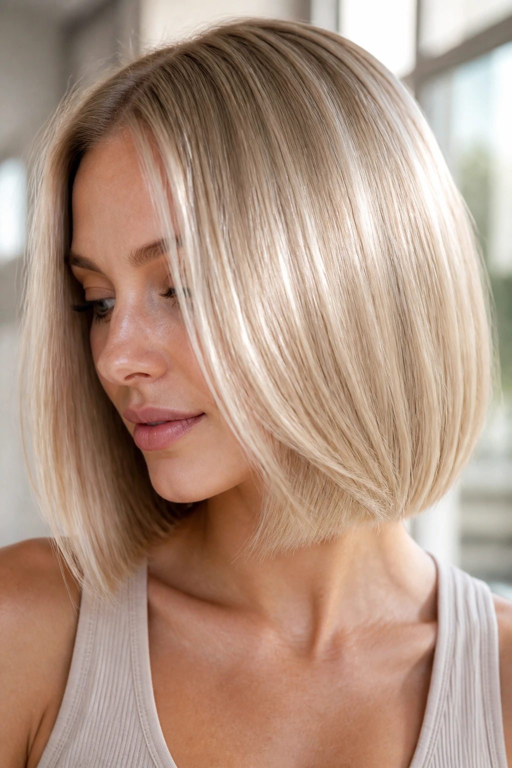 Close-up of a real woman with silk blonde and reflective finish.
