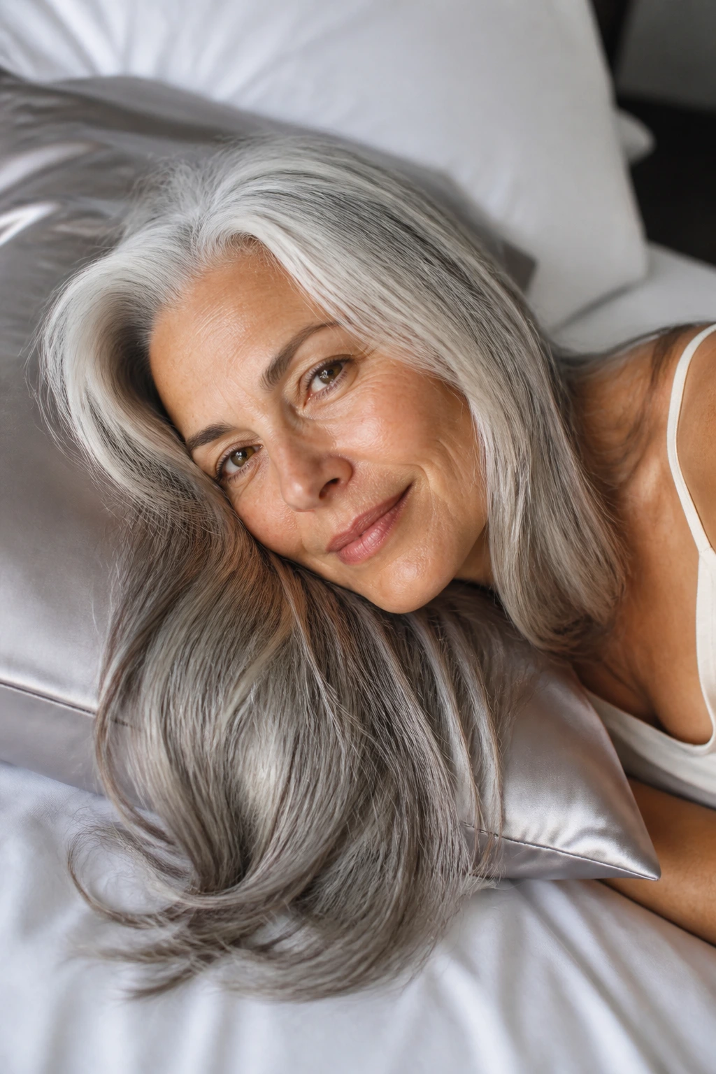 Long gray hair resting on a silk pillowcase in a softly lit bedroom