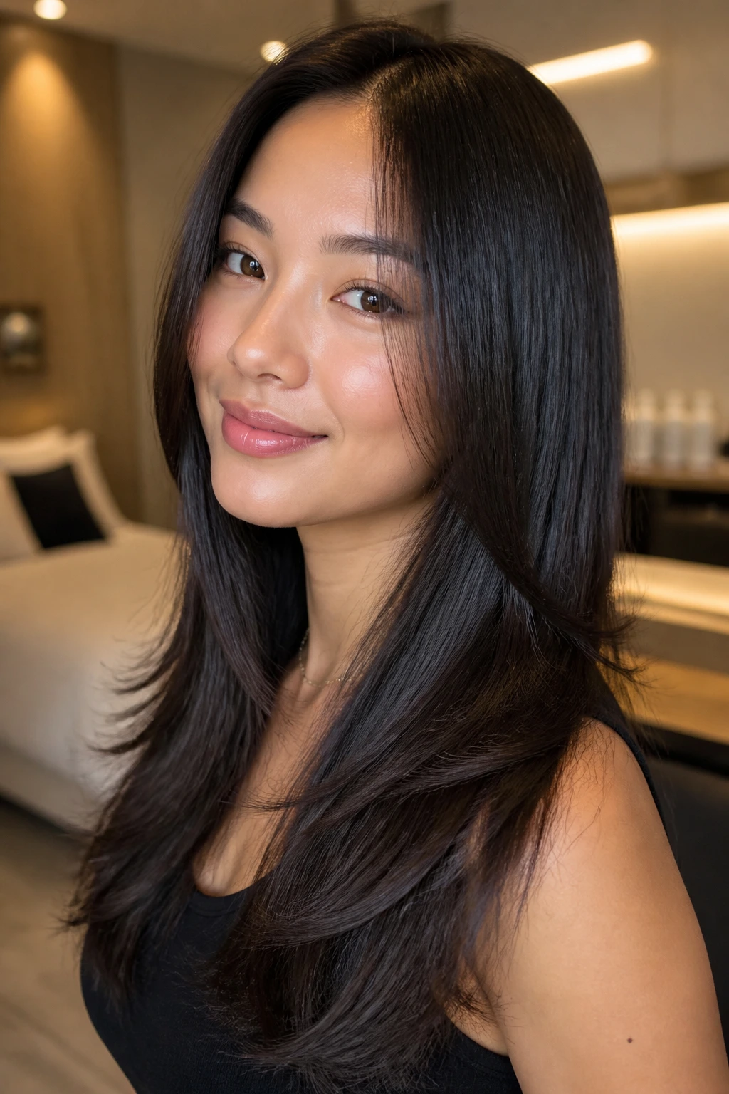 Close-up of a woman with silk-press long layers and glossy finish