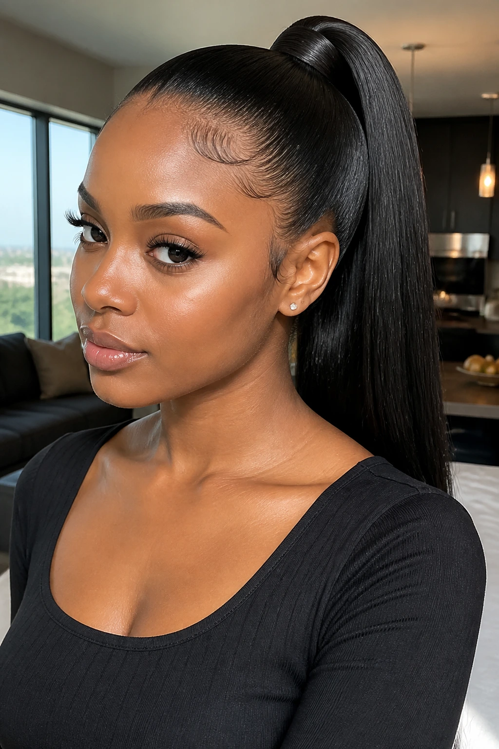 Close-up of a real woman with a clean-wrapped silk press ponytail