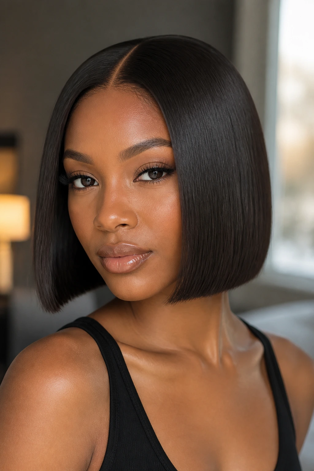 Close-up portrait of a real Black woman with a silk-pressed center-part bob in soft, glossy light