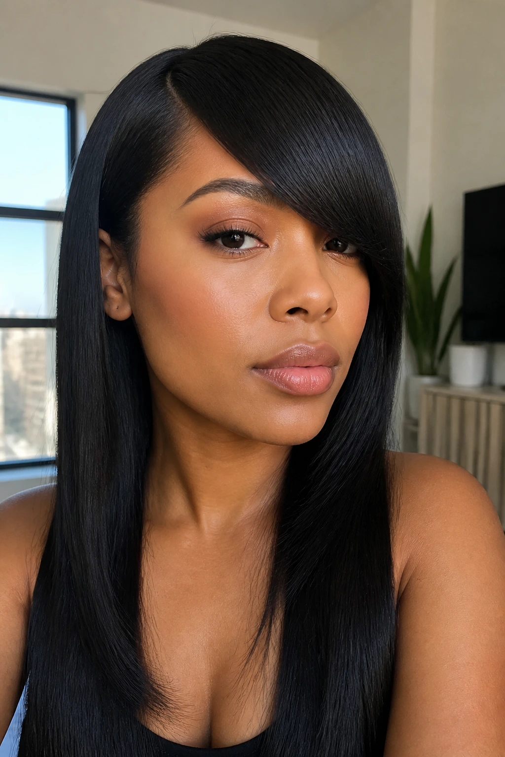 Close-up of a real person with sleek silk-pressed hair and a clean side bang.
