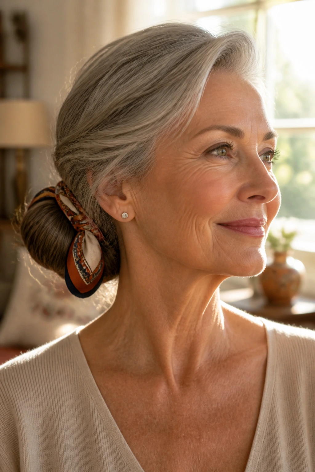 Real woman wearing a silk-scarf chignon with scarf tied at the side.