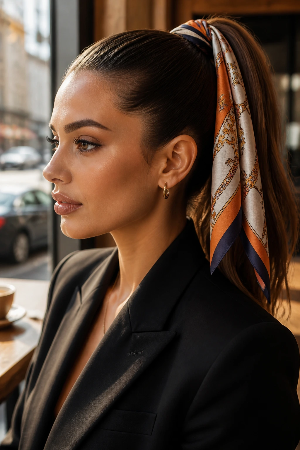 Close-up of a real woman with a silk scarf tied at the base of a high ponytail