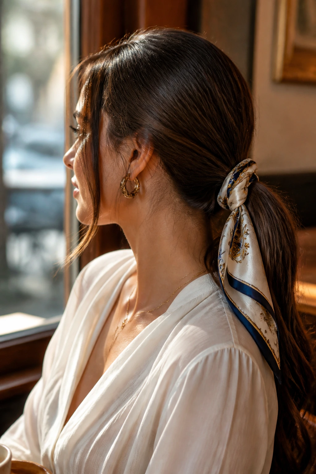 Close-up of a silk scarf tied around a low ponytail on a real person