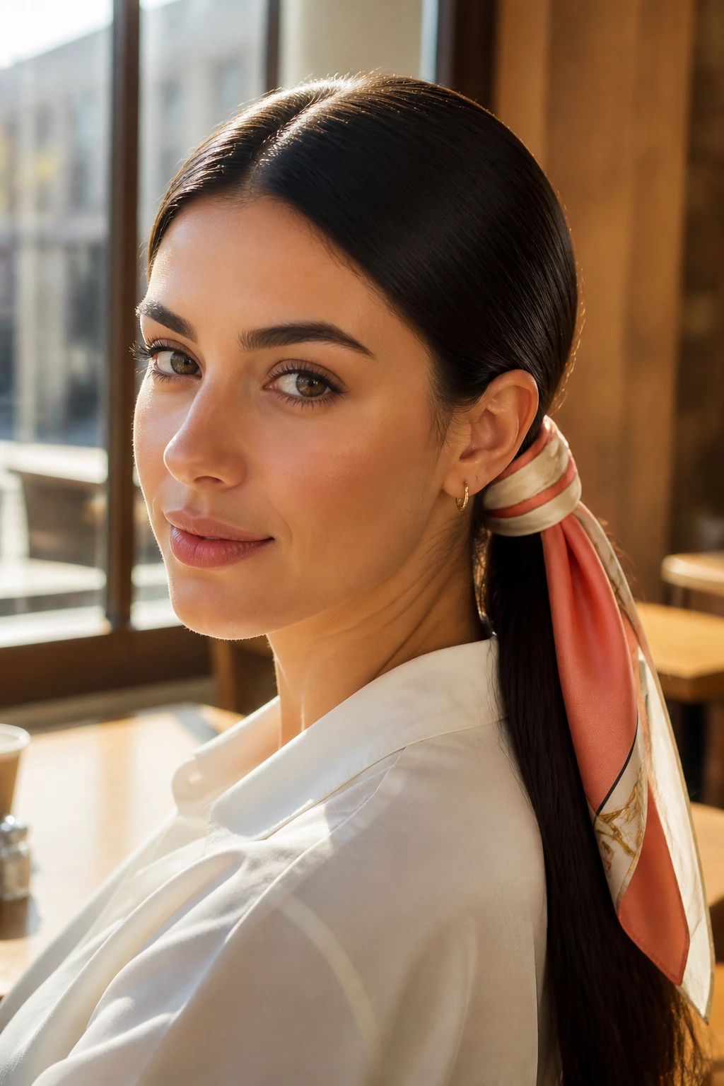 Close-up of a real woman with a silk scarf tied around a low ponytail