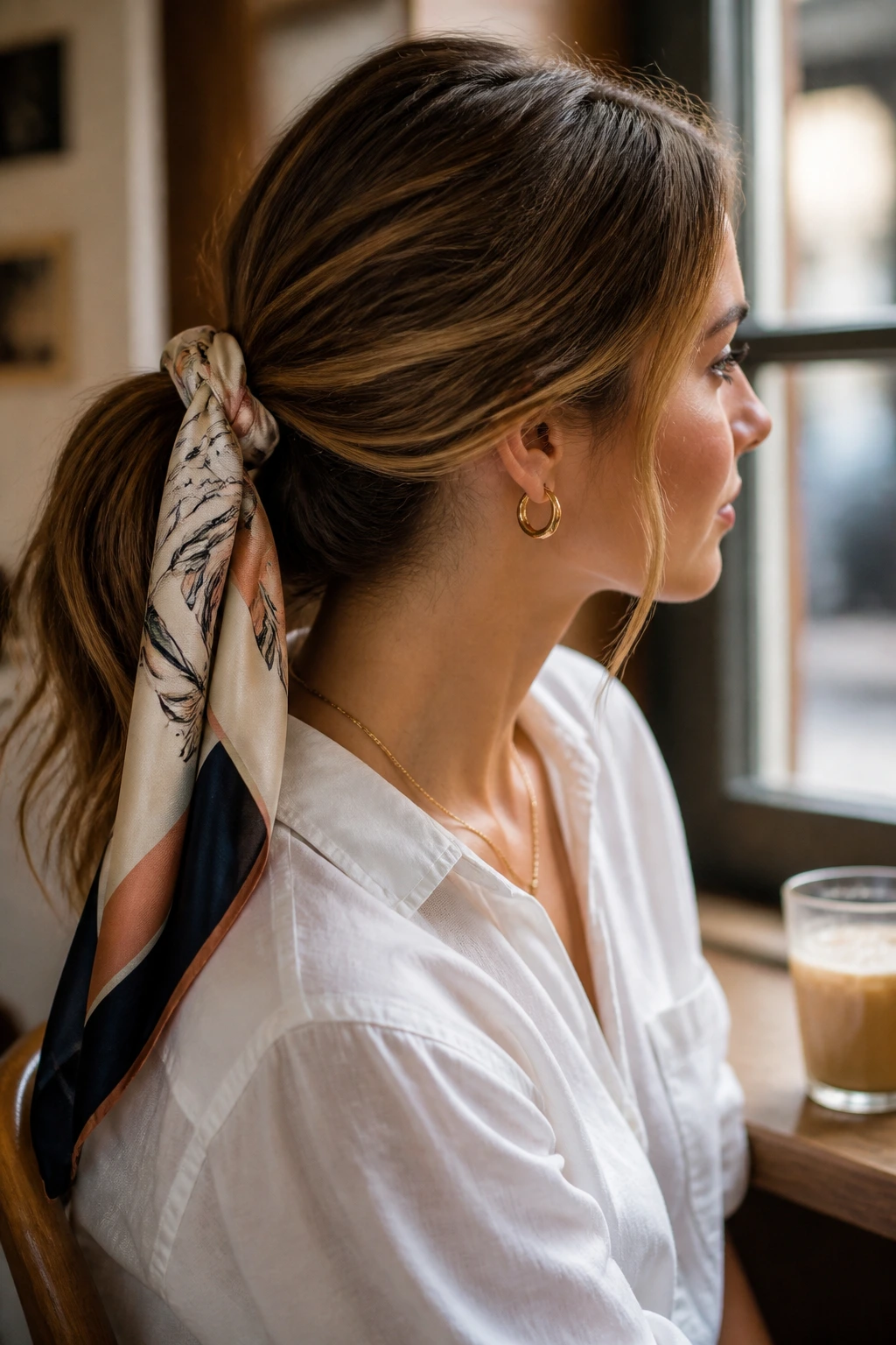 Portrait of a woman with a silk scarf tied around a ponytail.