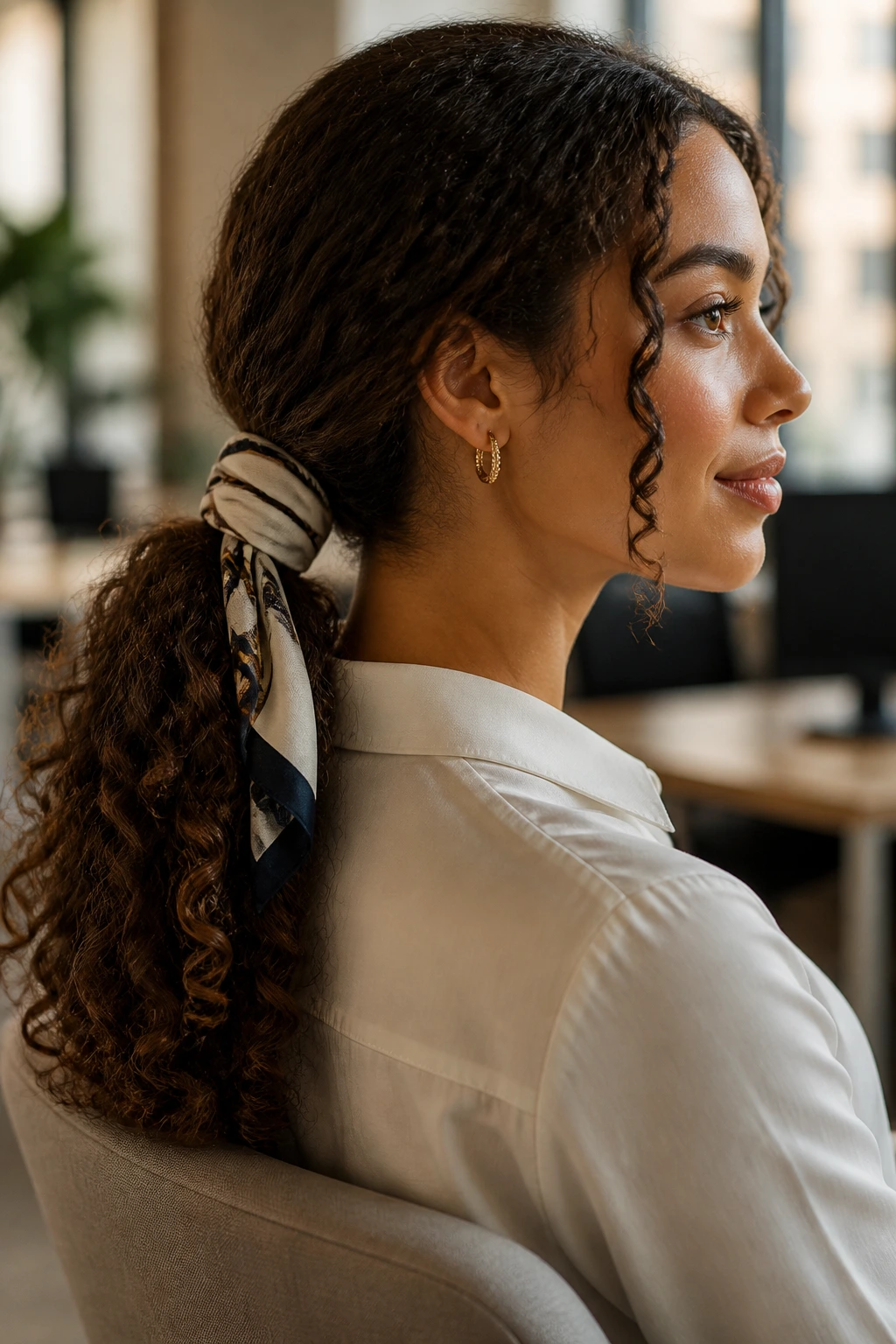 Close-up of a woman with a silk scarf-wrapped ponytail in an office setting
