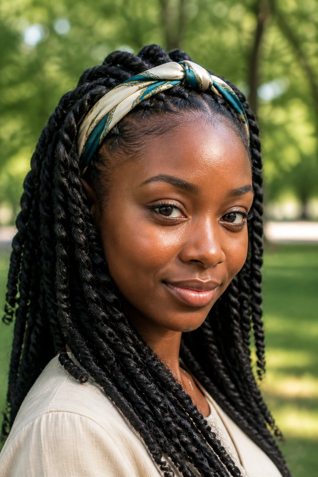 Close-up of a real woman with silk scarf wrapped passion twists