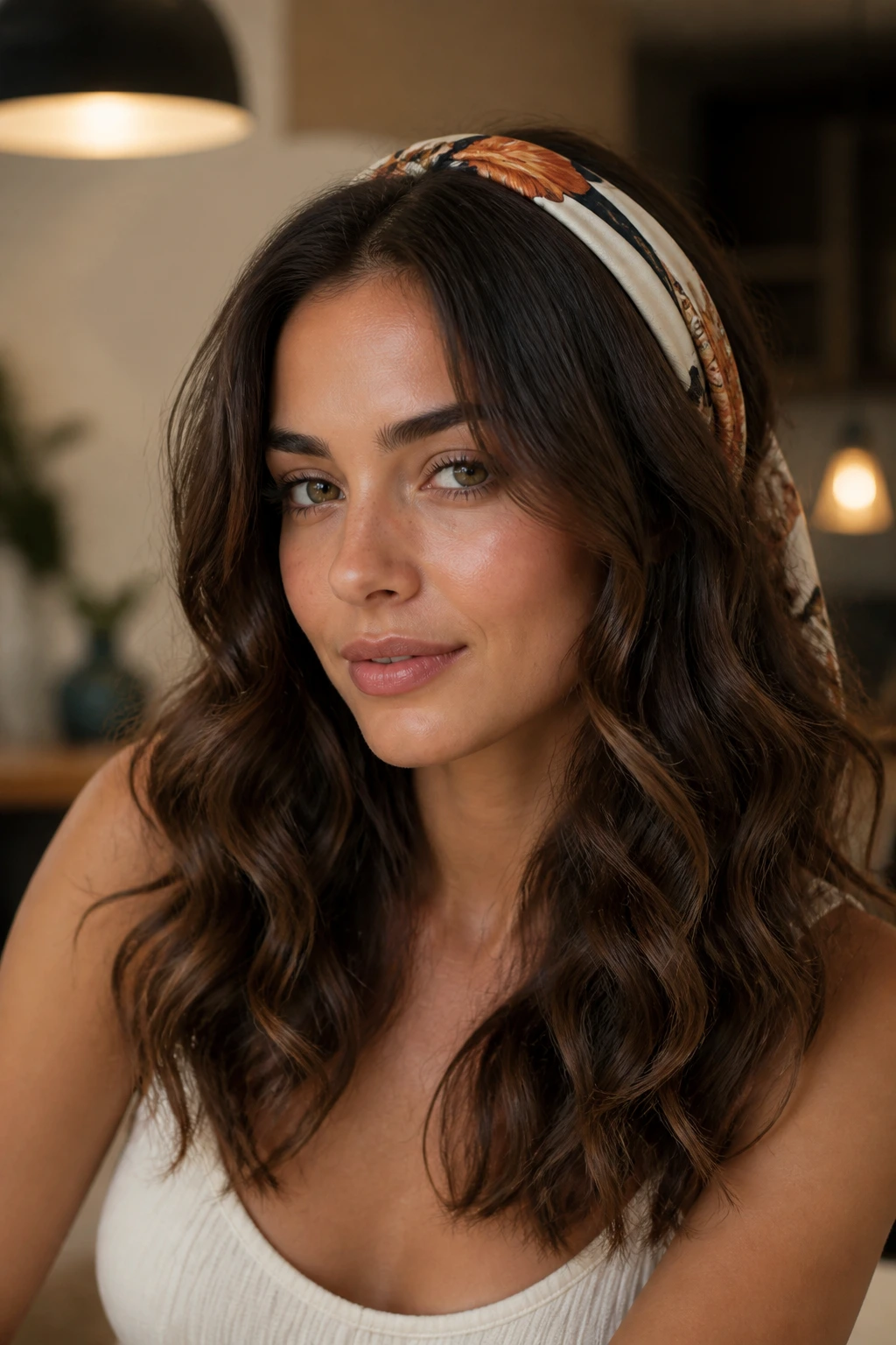 Close-up of real woman wearing a silk scarf headband with soft center-part waves