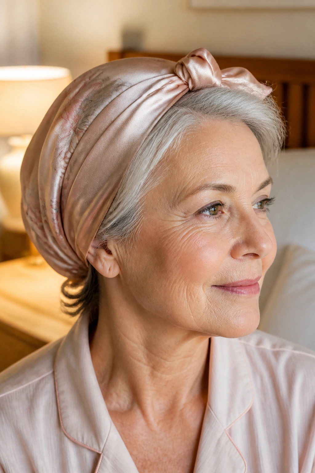 Close-up of an older woman wearing a silk scarf for overnight care