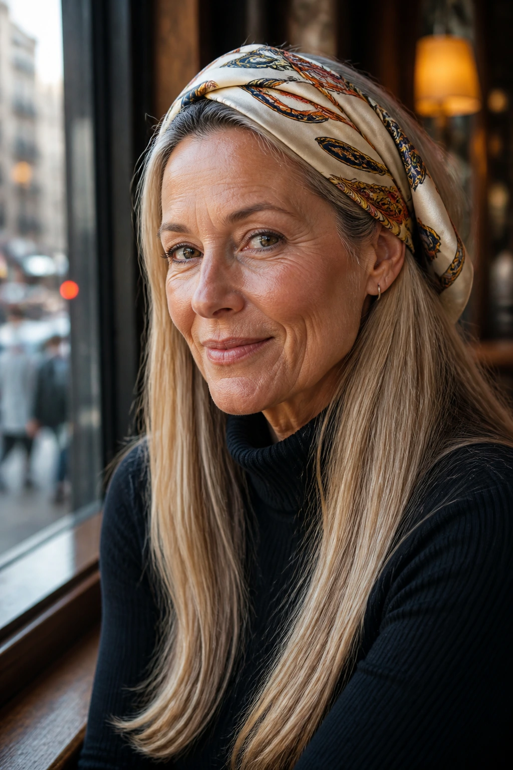 Close-up of a real woman wearing a silk scarf wrap over long straight hair.