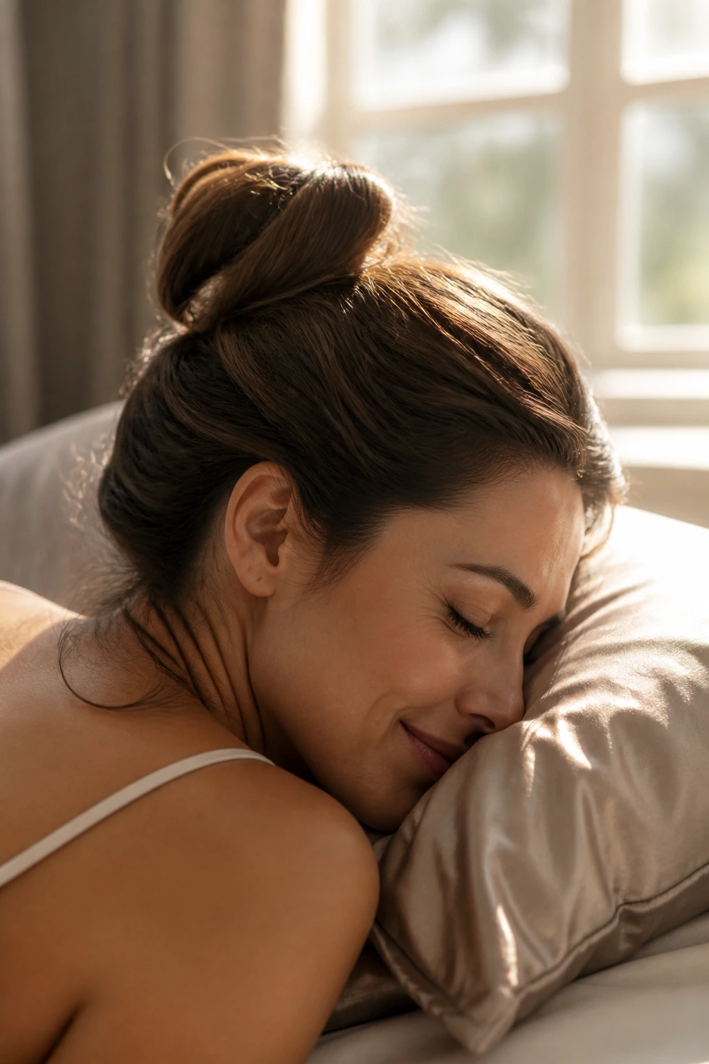 Hair styled in a neat twist resting on a satin pillowcase.