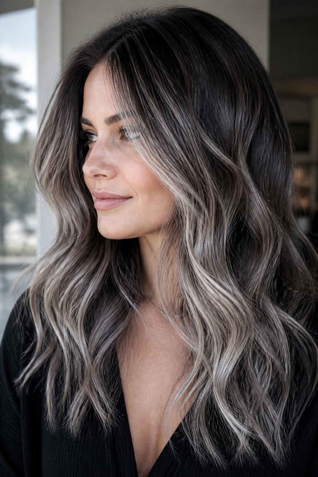 Dark brunette with silver ash balayage in a modern interior