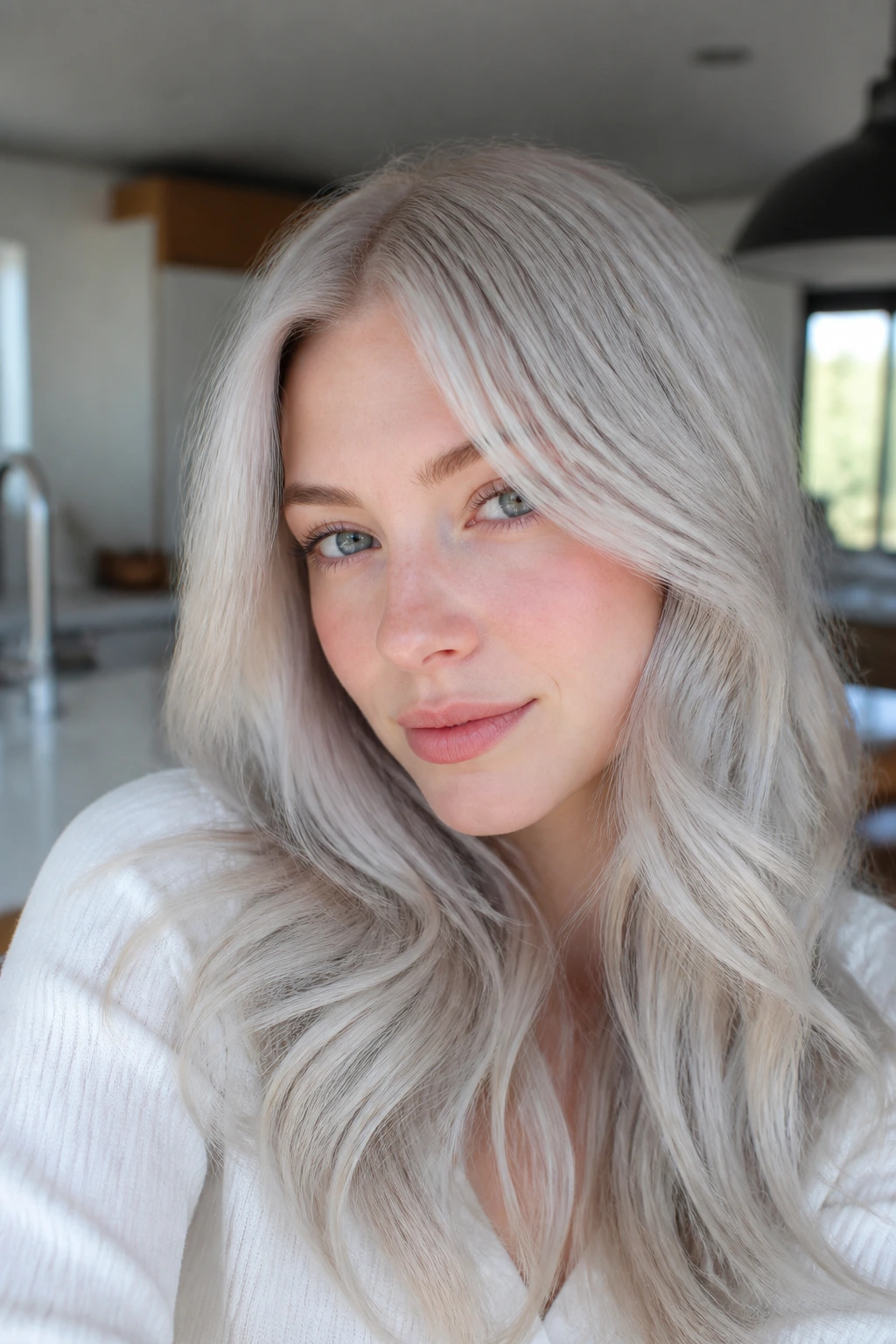 Close-up of a real person with silver ash blonde hair and rosy skin.