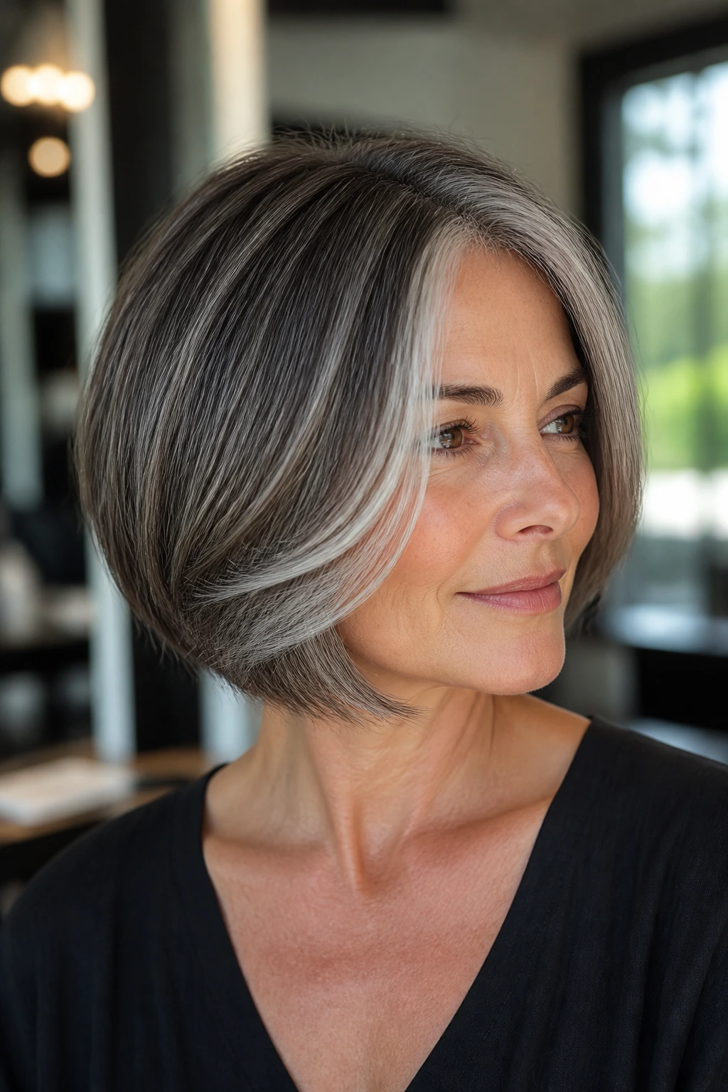 Portrait of a person with smoky silver-blend highlights in a bob