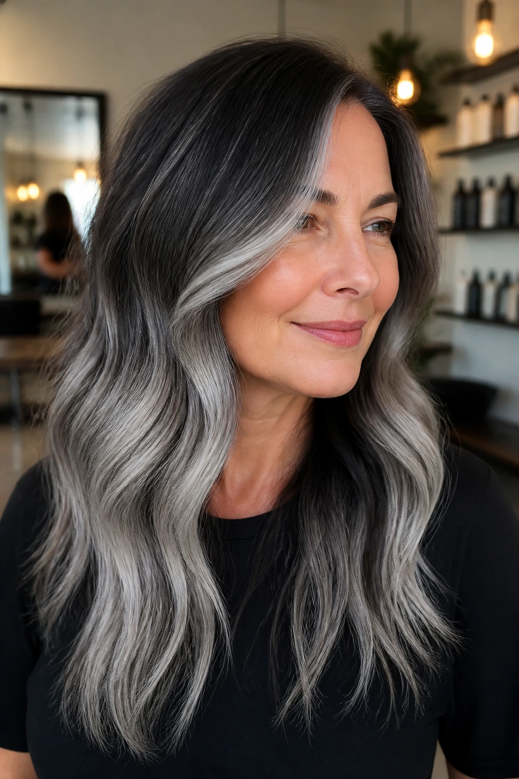 Portrait of a real woman with silver balayage on dark base hair