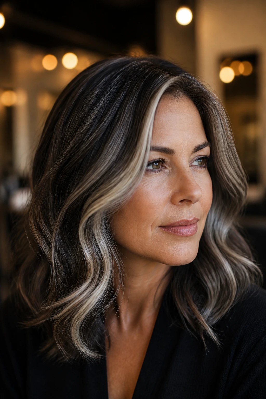 Close-up portrait of a brunette with silver balayage on a dark base and face-framing light ribbons