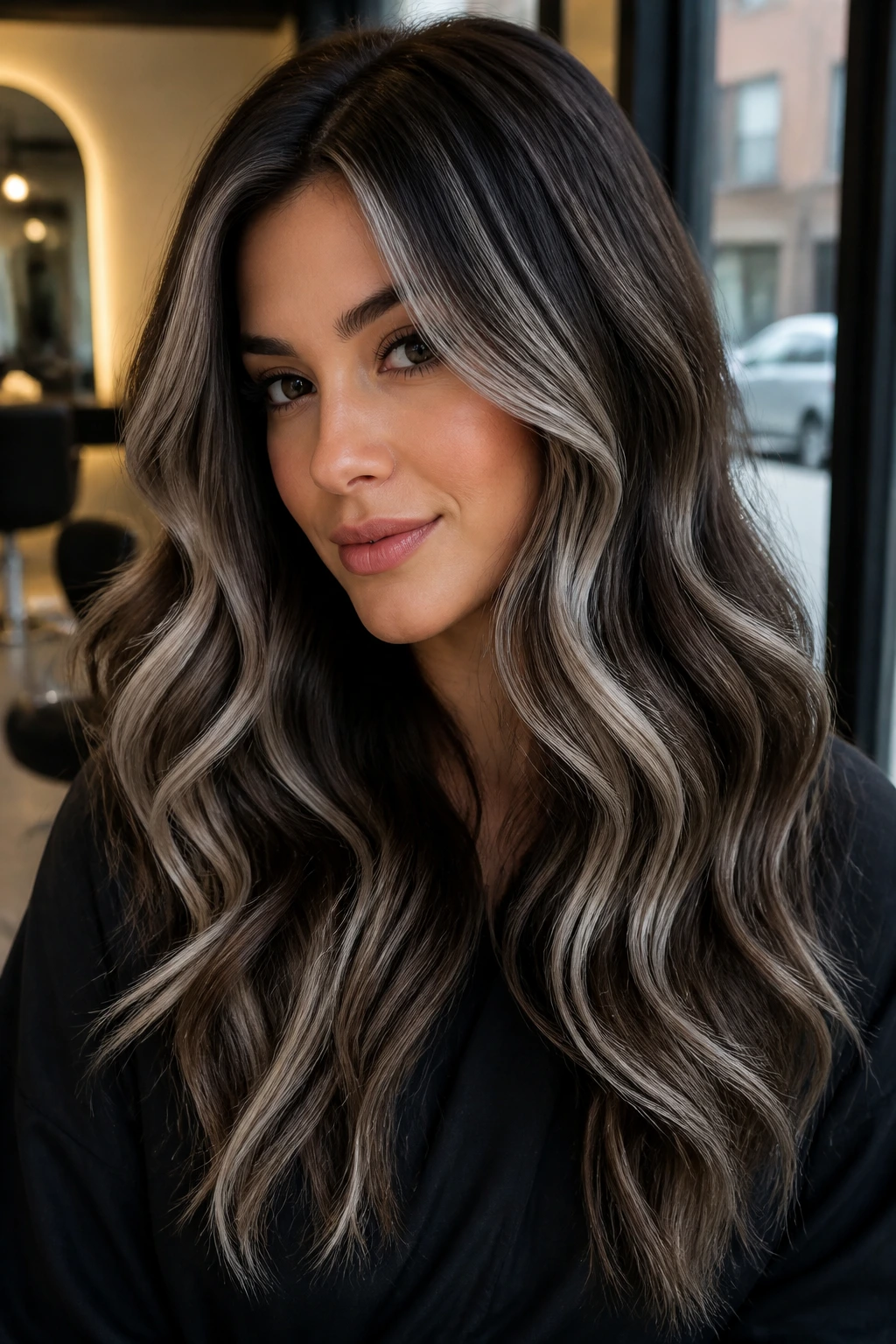 Close-up of dark brown hair with silver balayage ribbons on a real person