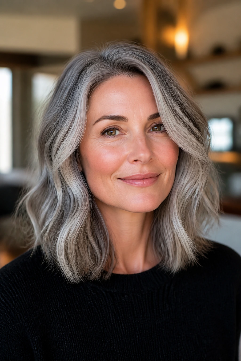 Close-up of a real woman with shoulder-length hair featuring silver balayage highlighting the cheekbone area.
