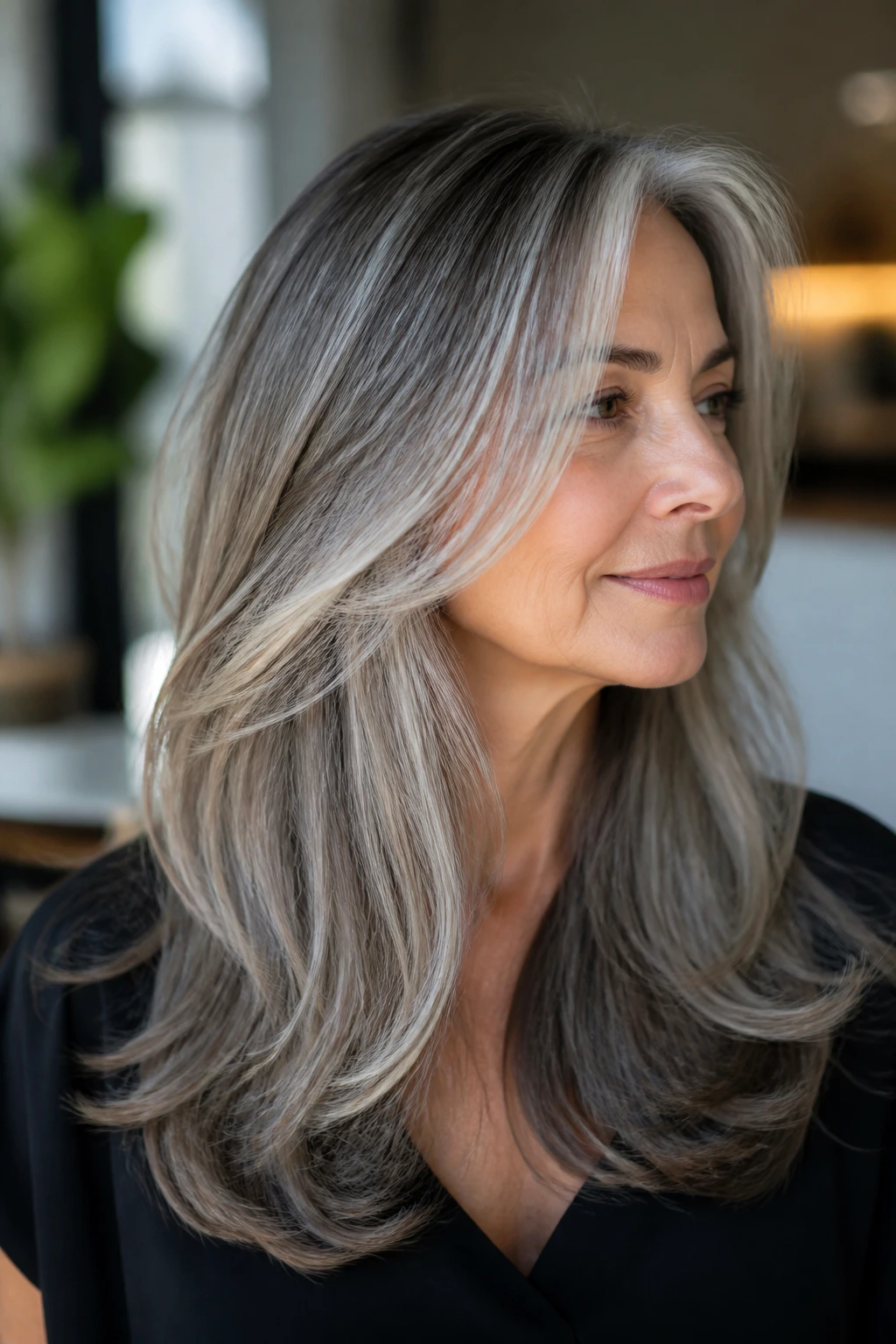 Portrait of a woman with silver balayage on long layered gray hair