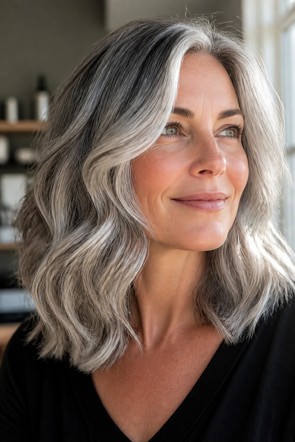 Portrait of a woman with silver balayage waves on gray hair under natural light