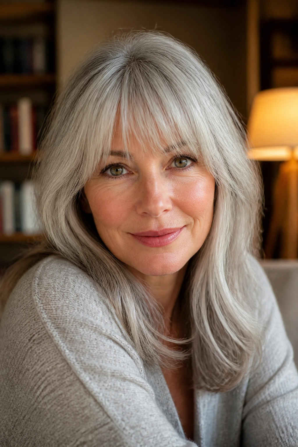 Close-up portrait of a real woman with silver-gray hair and soft bangs