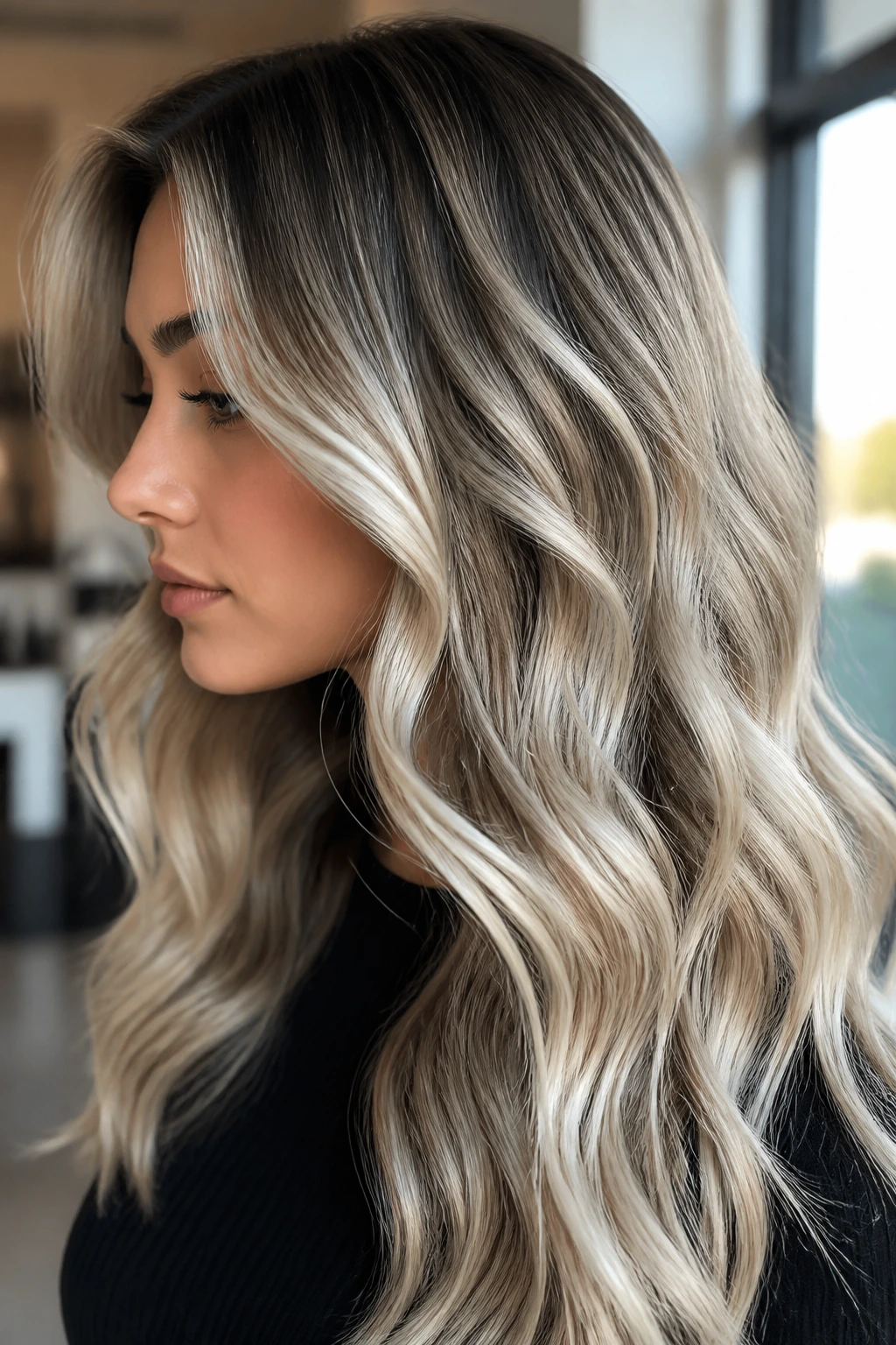 Portrait of a person with silver beige balayage hair
