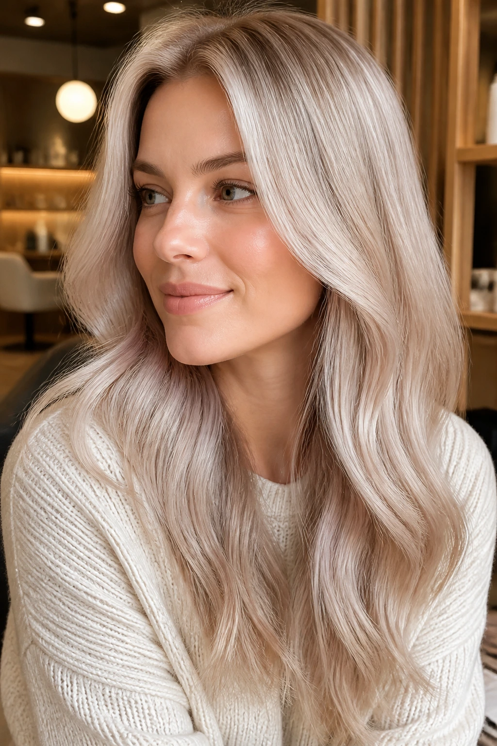 Close-up of a woman with silver-beige gloss hair, glossy cool-toned blonde.