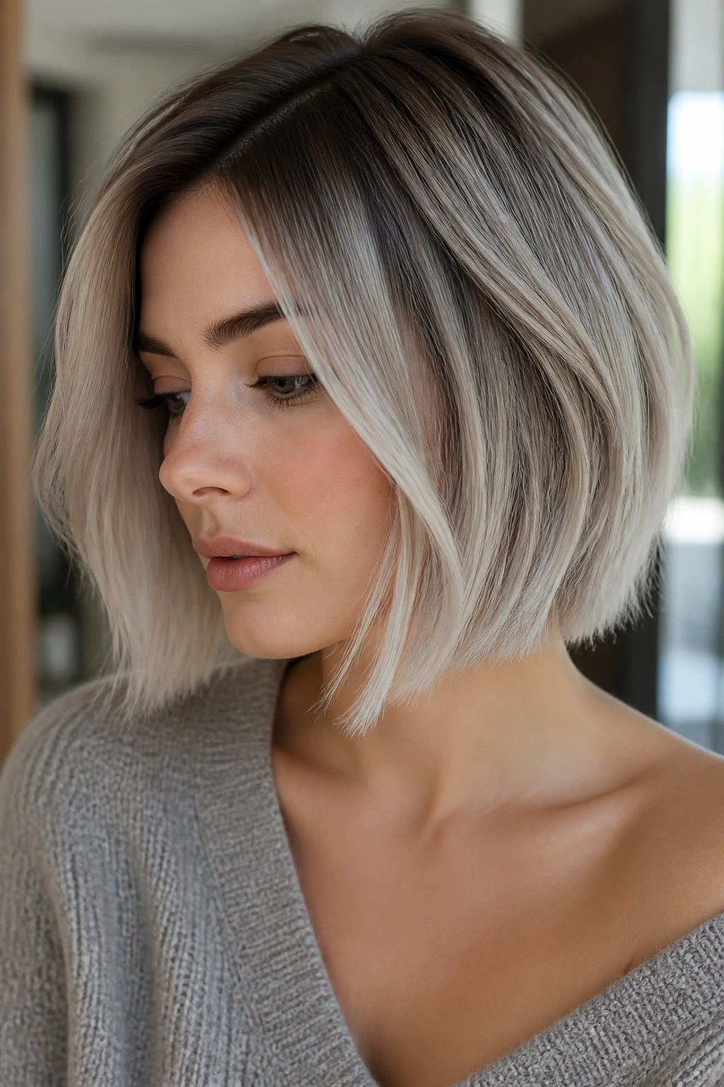 Head-and-shoulders portrait of a real woman with silver beige bob and shadow root.