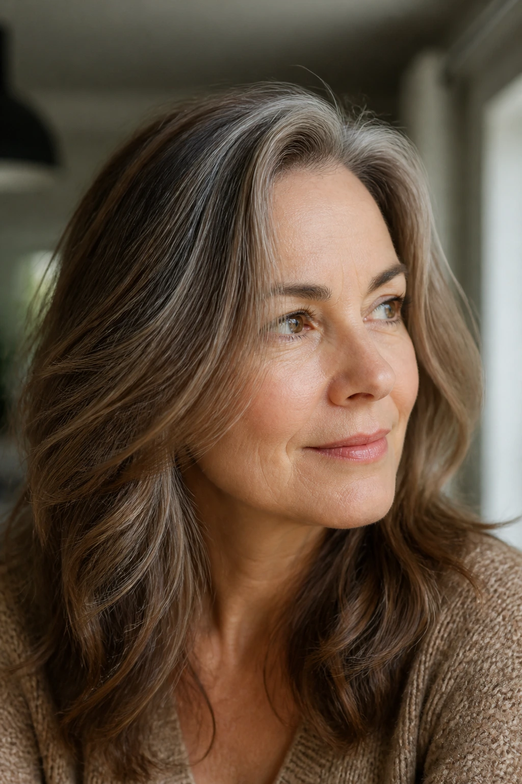Portrait of a real woman with chestnut brown hair and silver strands blended through the top layers