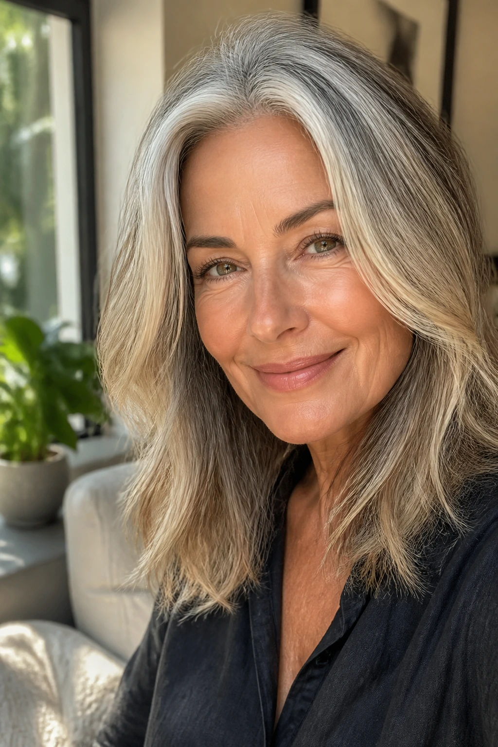 Close-up of a real woman with silver-blend lowlights and bright pieces around the face.
