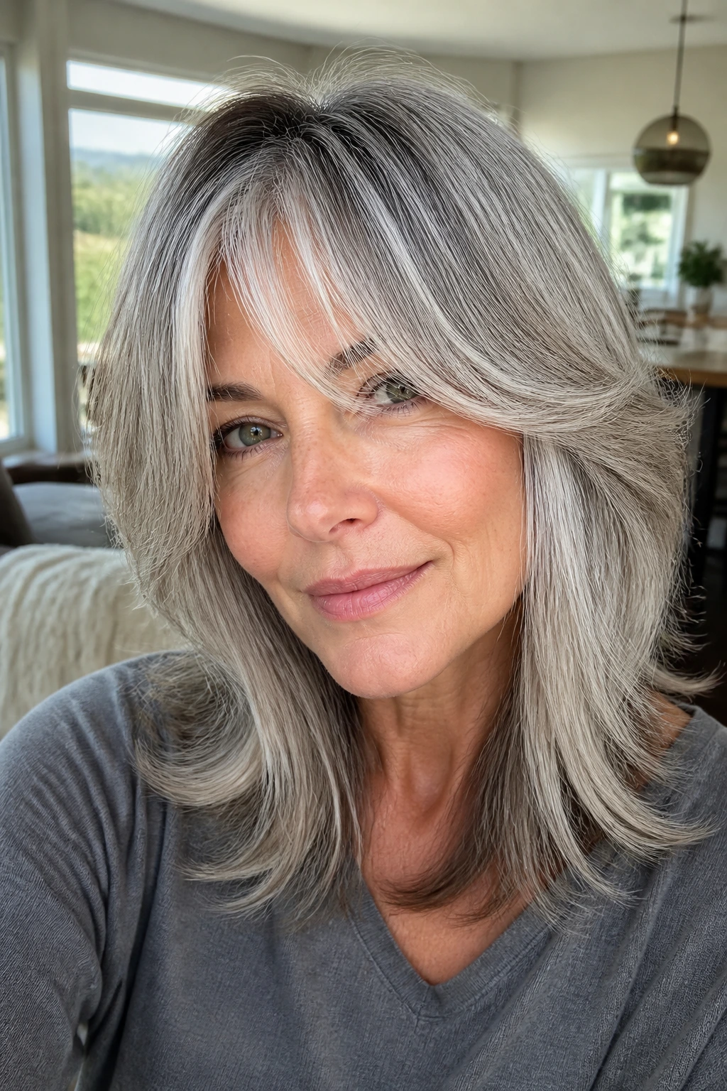 Real woman with silver-gray fringe blending around the cheeks in bright light