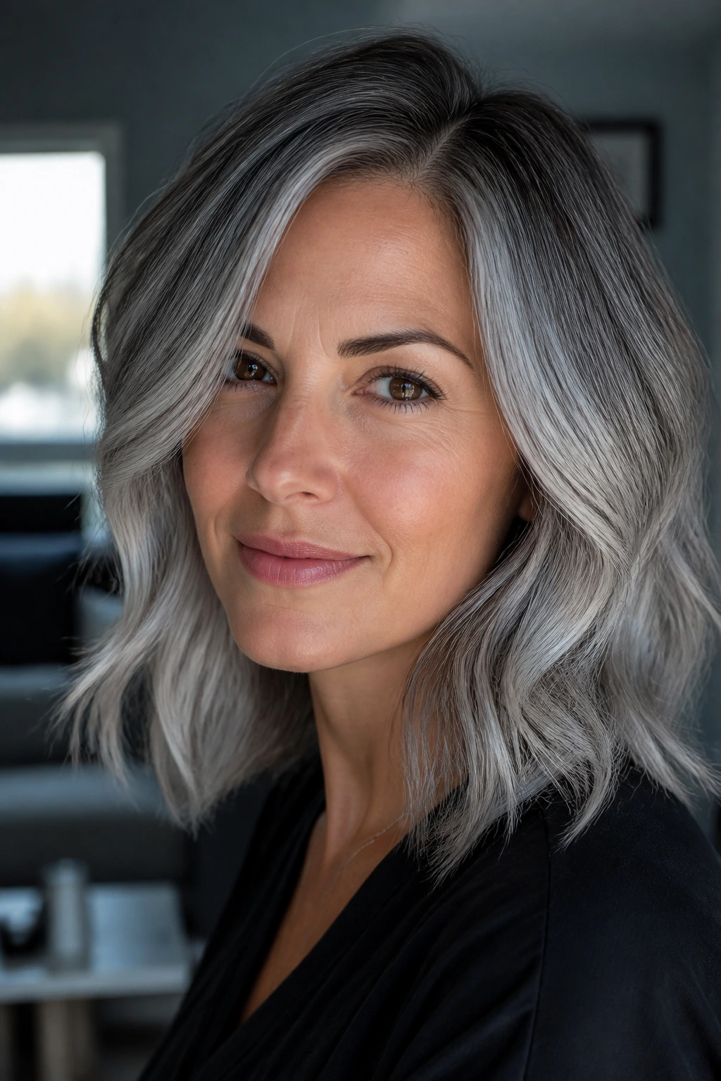 Close-up portrait of a real woman with silver-blended hair